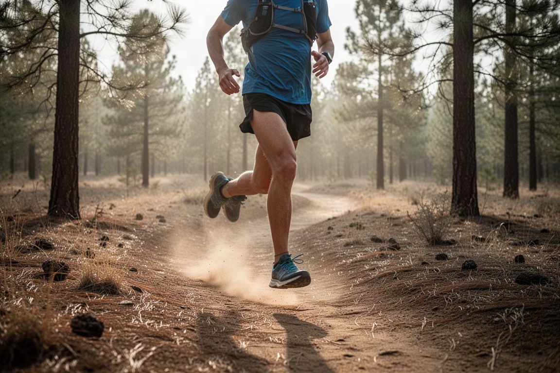 Trailrunner bewegt sich auf einem trockenen Singletrail durch Kiefernwälder