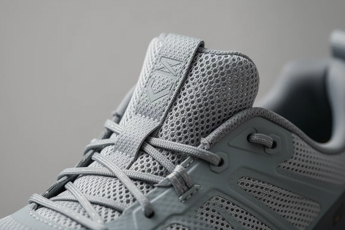 Nahaufnahme einer ballenfreien Zunge mit Schnürsystem an einem Trailrunningschuh