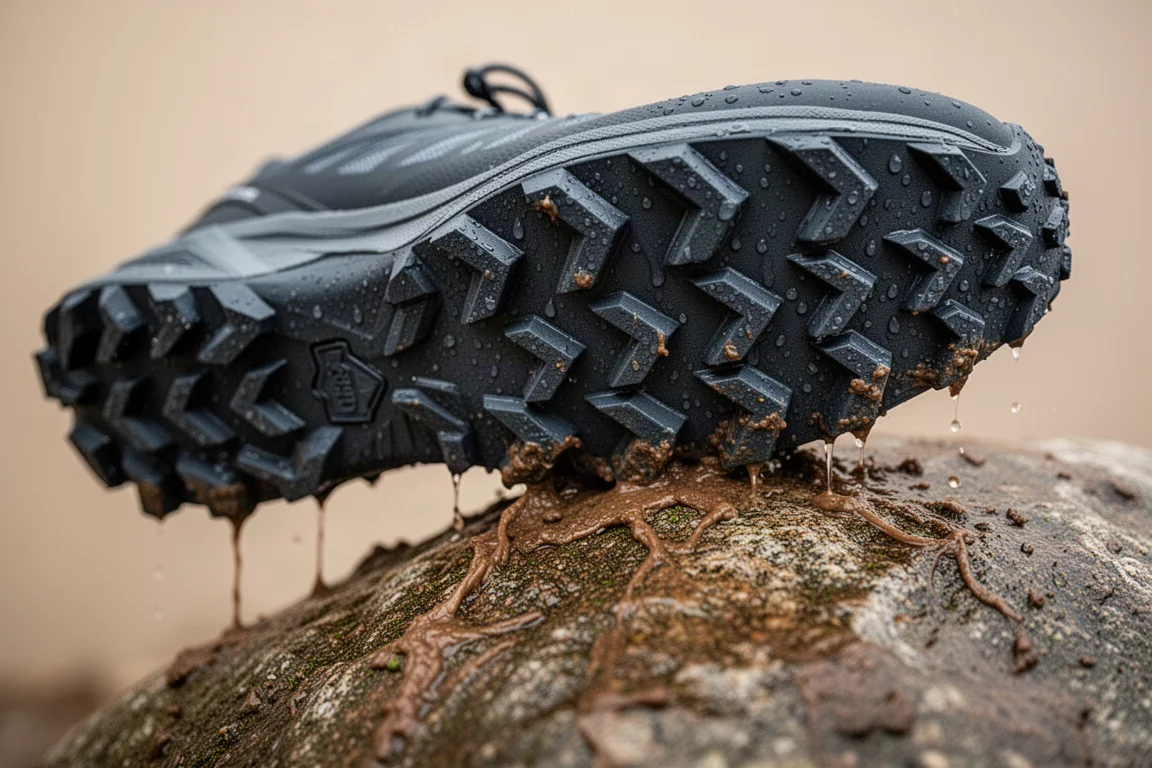 Außensohle eines Trailschuhs mit Chevron-Stollen auf rutschigem Felsen