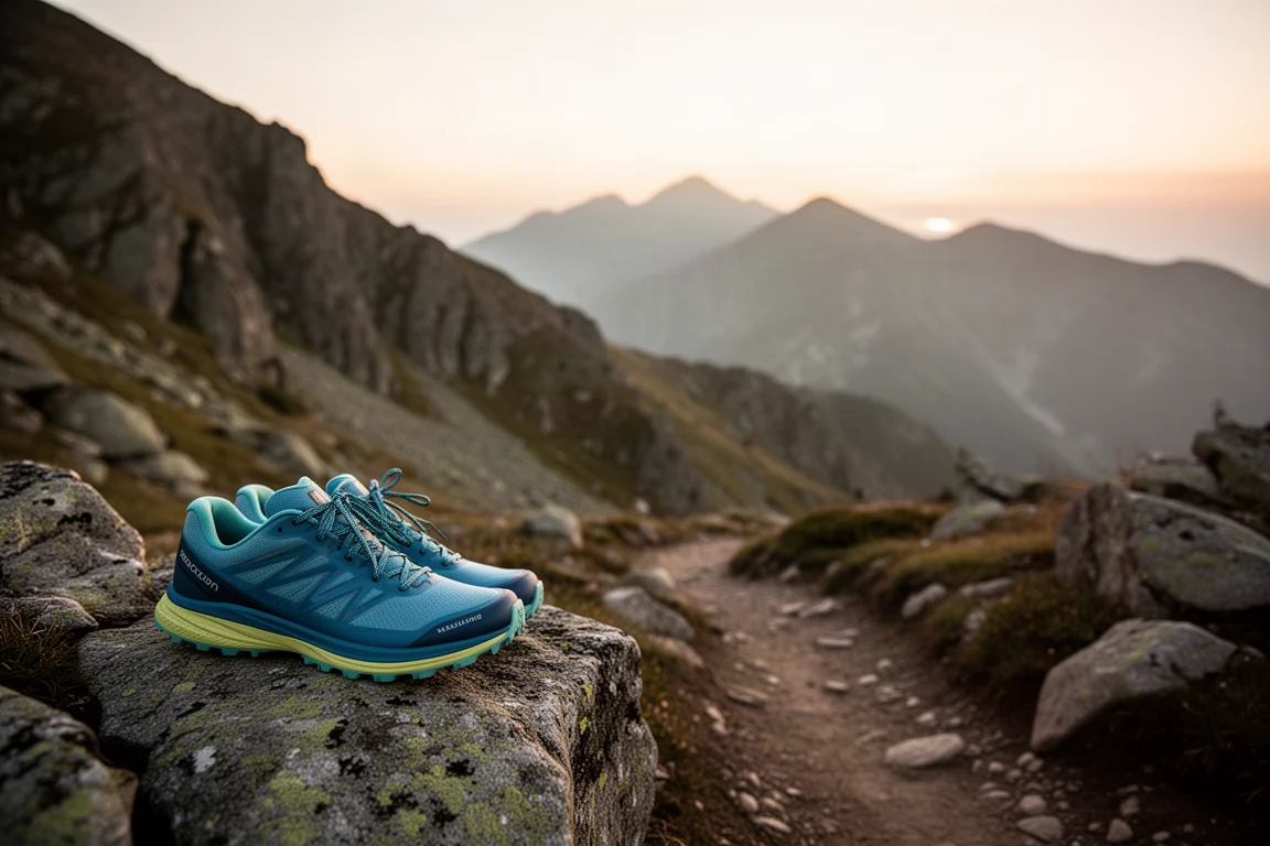 Trailrunningschuhe ruhen am Rand eines felsigen Abstiegs in der Dämmerung