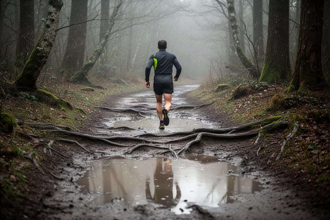 Trail runner crossing a muddy forest path in wet weather