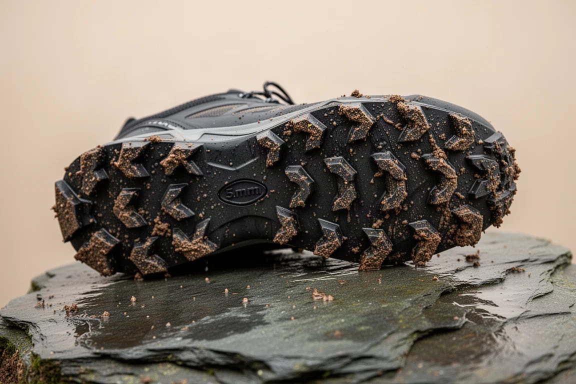 Close-up of a muddy lugged trail shoe outsole on wet rock