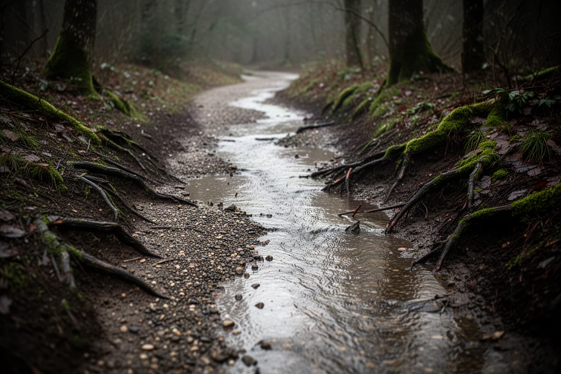 Waterlogged forest trail with deep puddles after heavy rain
