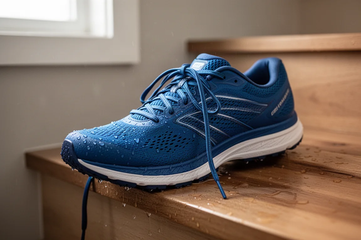 Trail shoe upper drying after a wet run