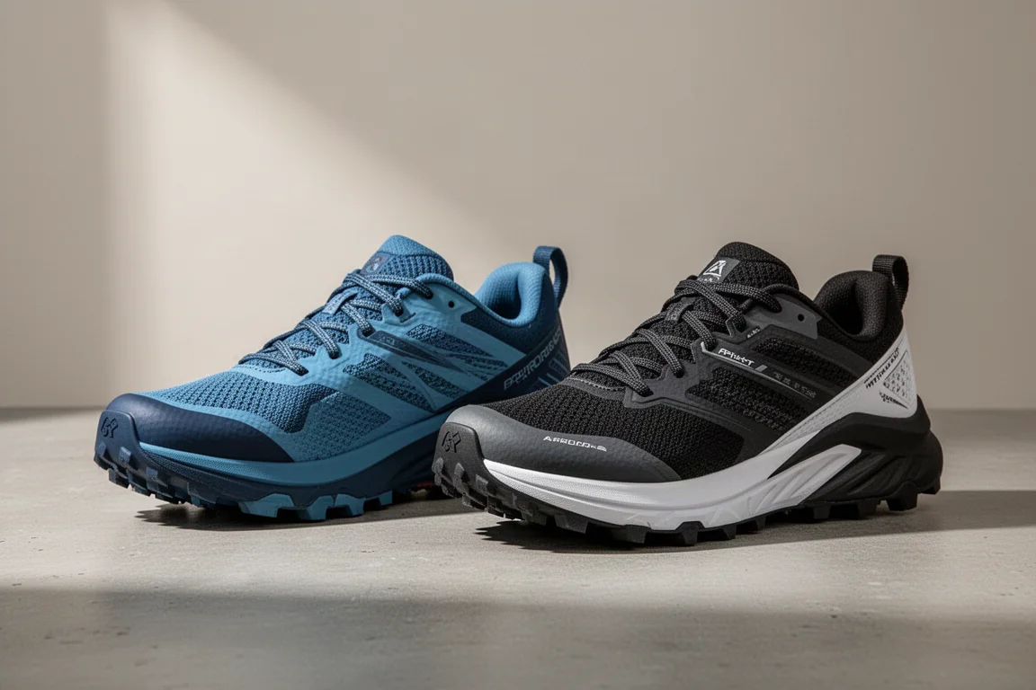Buty trailowe Merrell Agility Peak 6 i Hoka Speedgoat 7 obok siebie na betonie