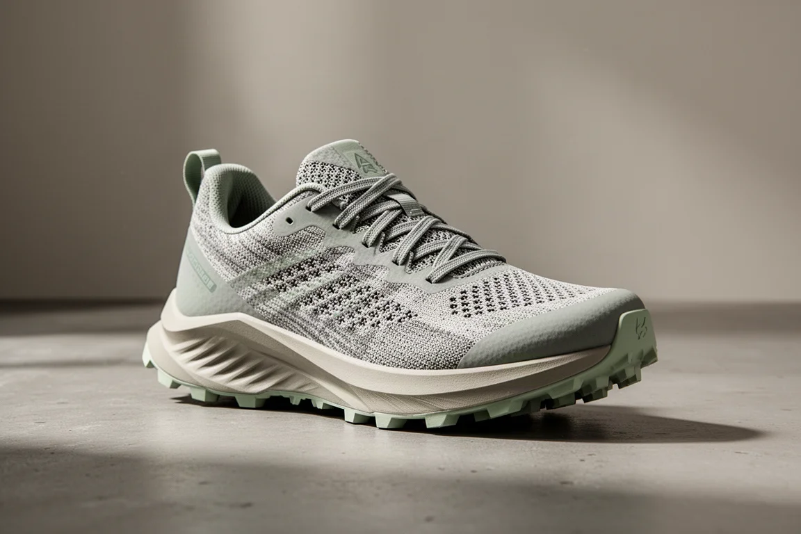 Lightweight trail running shoe with knit upper on concrete surface