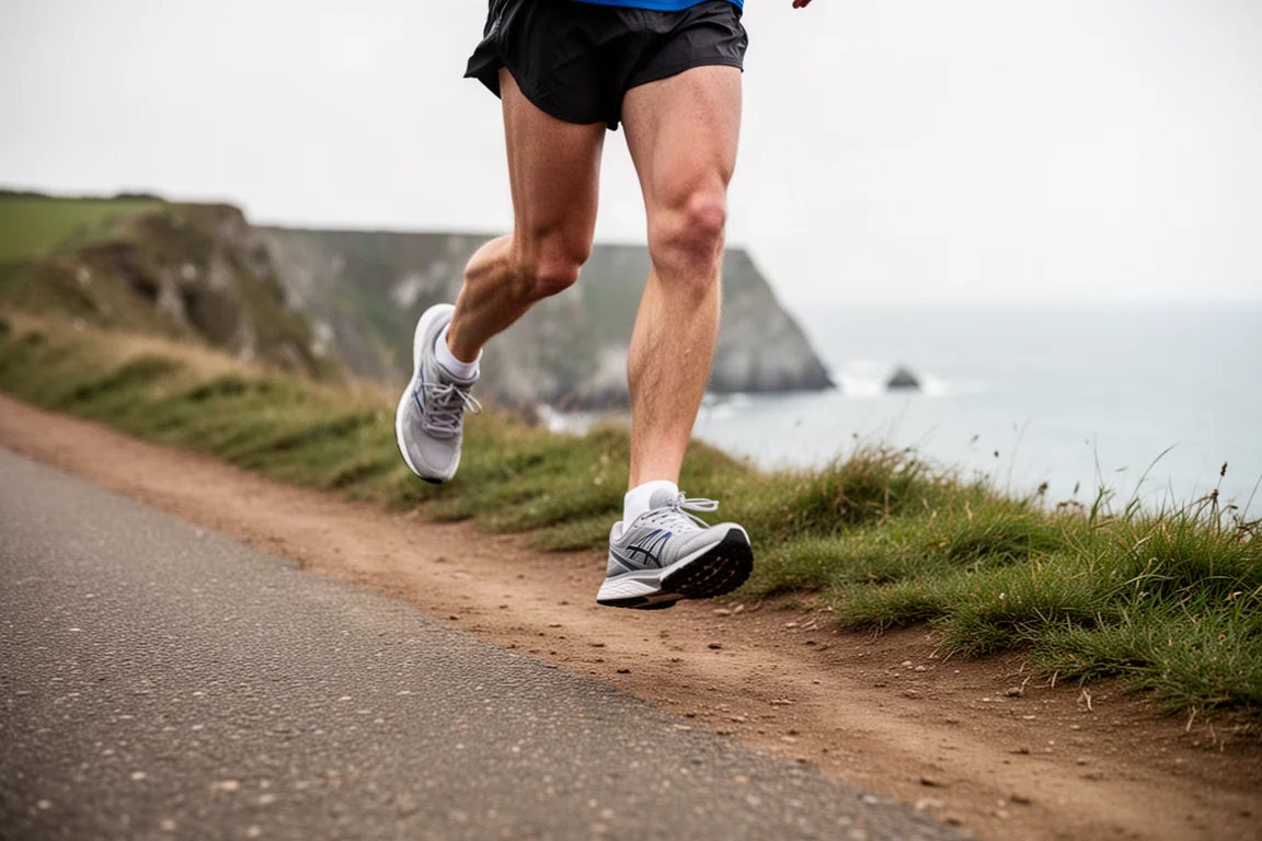 Runner on a tarmac coastal path transitioning onto a dirt trail