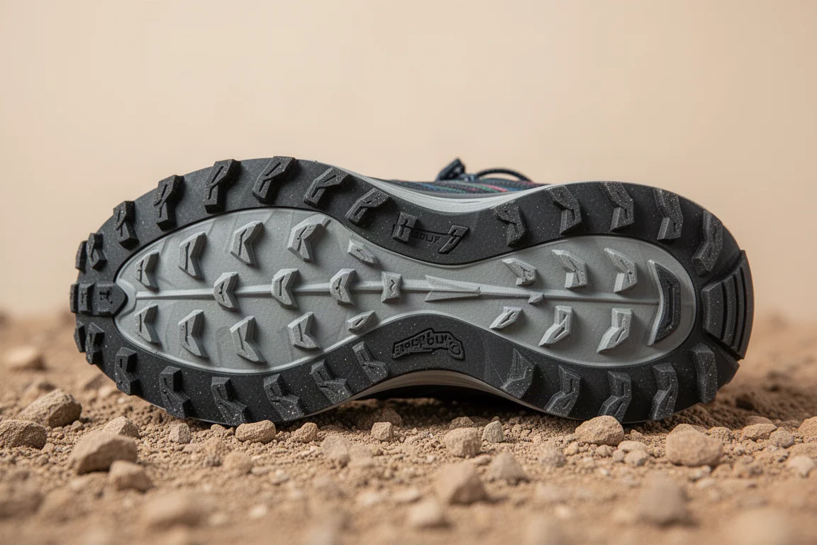 Close-up of a multi-directional lugged trail shoe outsole on dry gravel