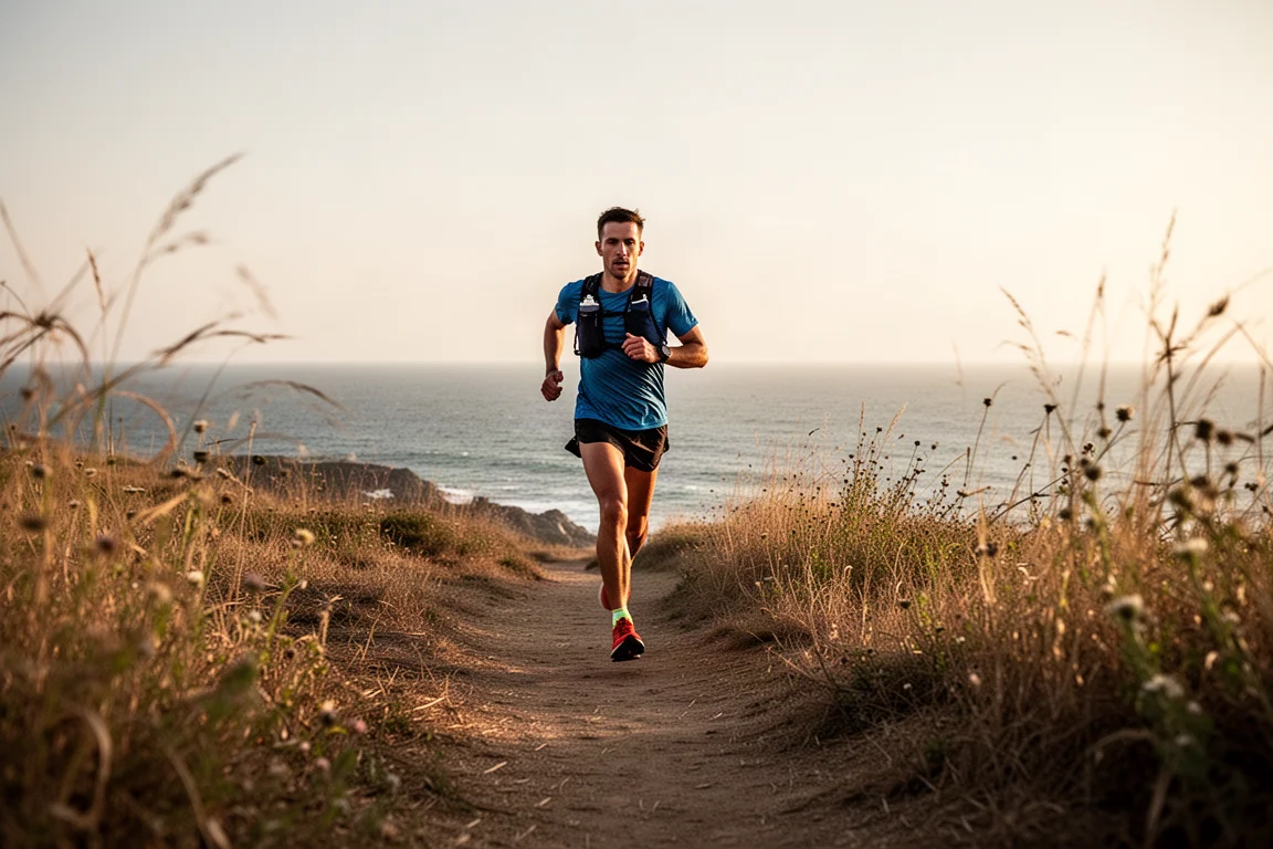 Trail runner on a dry coastal path above the sea in warm light