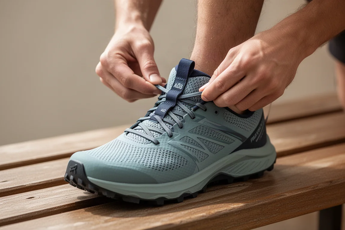 Runner lacing up a trail shoe with tongue strap stowing the laces
