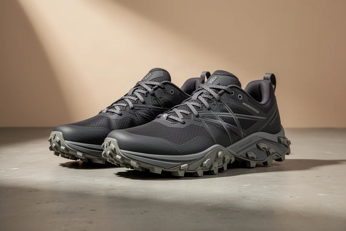 Pair of lightweight crossover trail running shoes on a concrete surface