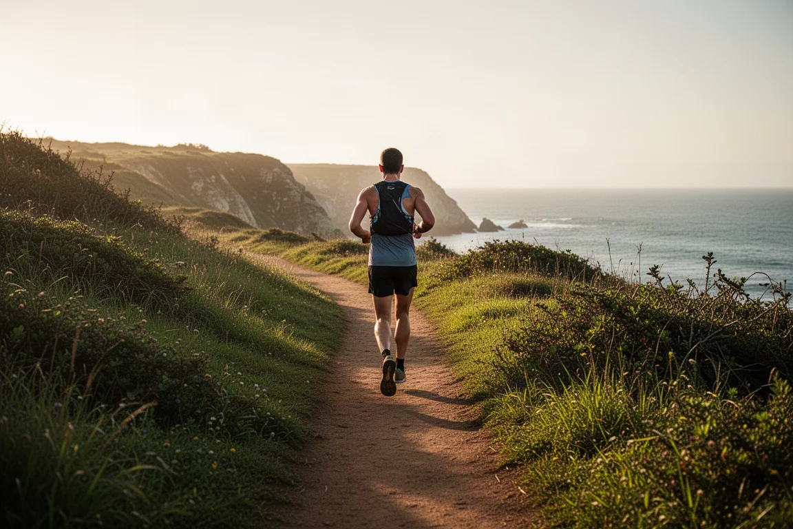 Trailrunner auf einem festen Küstenklippenpfad in der goldenen Stunde