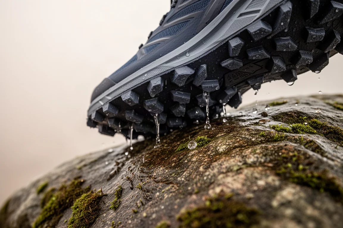 Nahaufnahme grober Trailrunning-Profilstollen auf nassem, steinigem Untergrund