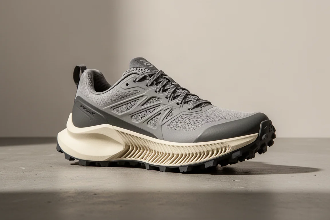 Max-stack trail running shoe with tall midsole and lug outsole on concrete