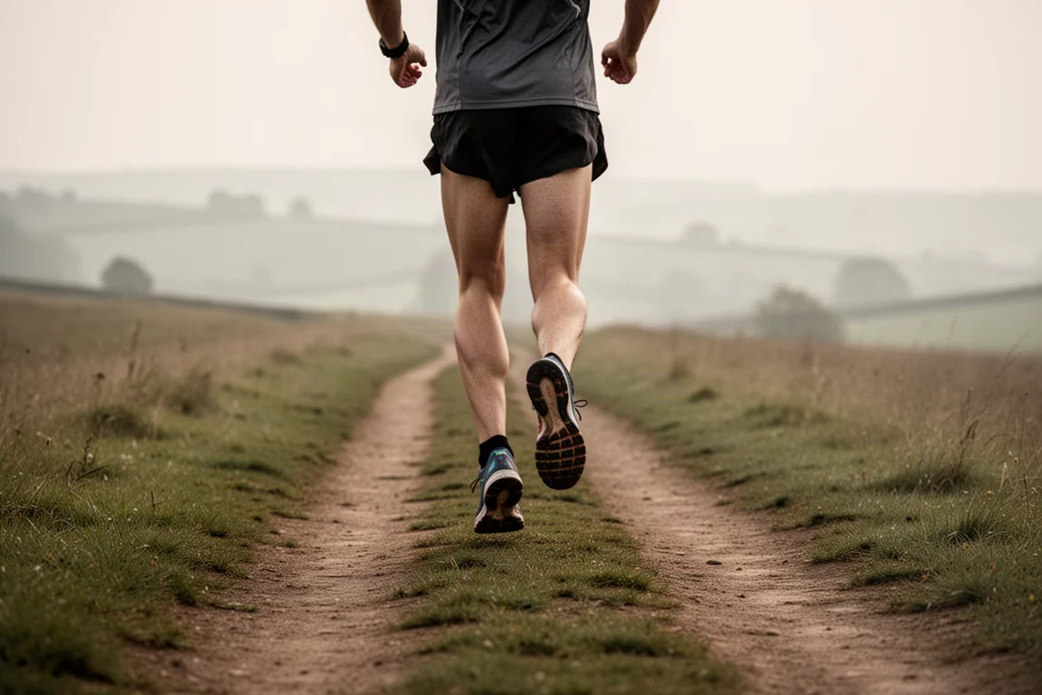 Trailrunner bewegt sich bei weichem Tageslicht auf einem gemischten Pfad aus Erde und Gras