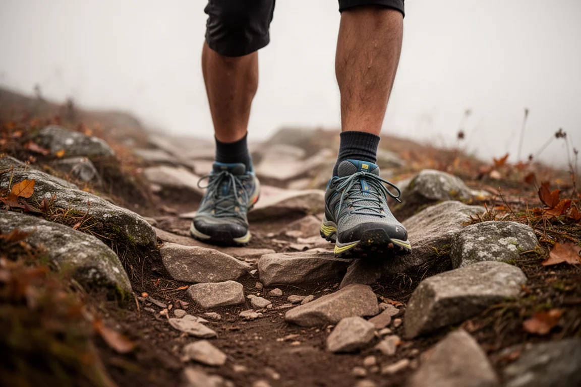 Läufer überquert einen steinigen, technischen Trailabschnitt mit vorsichtigem Schritt