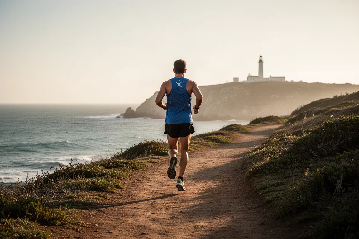 Trailrunner auf einem Küstenweg im warmen Morgenlicht