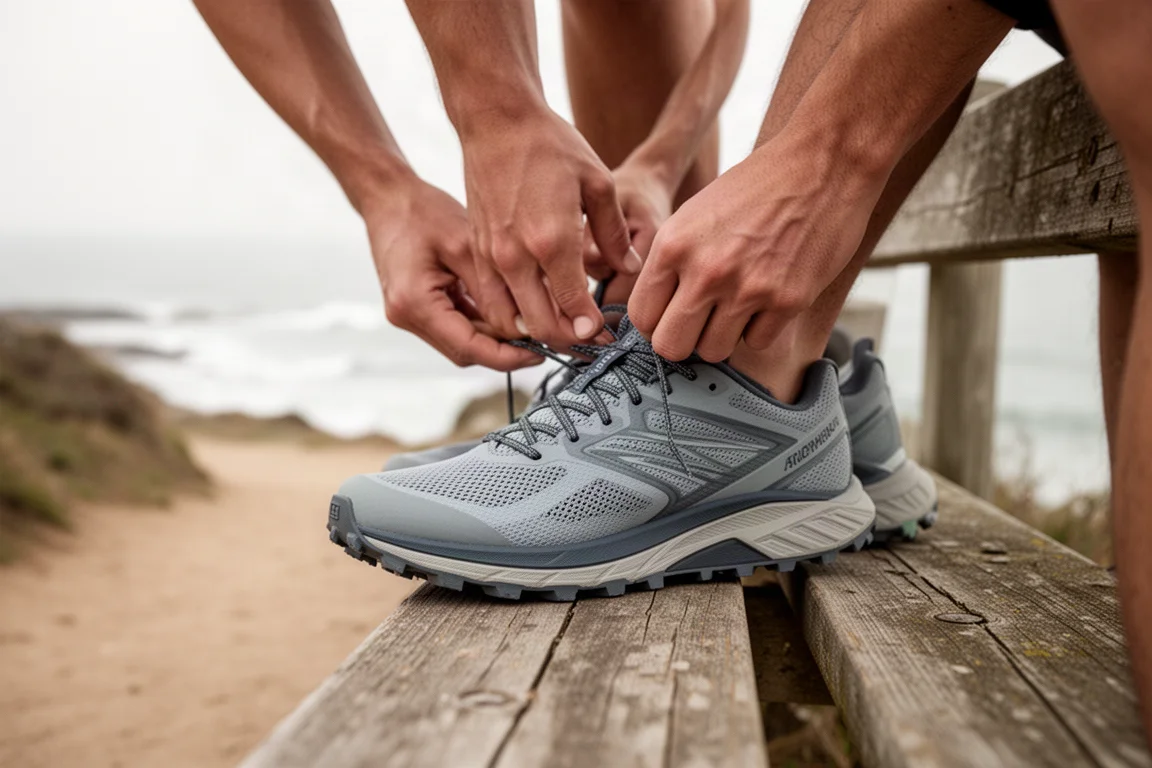 Runner schnürt vor dem Lauf die Schnürsenkel eines leichten Trailschuhs