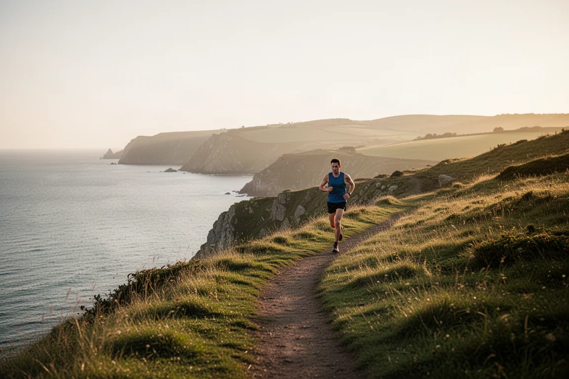 Einsamer Runner auf einem Küstenpfad zur goldenen Stunde mit Meerblick