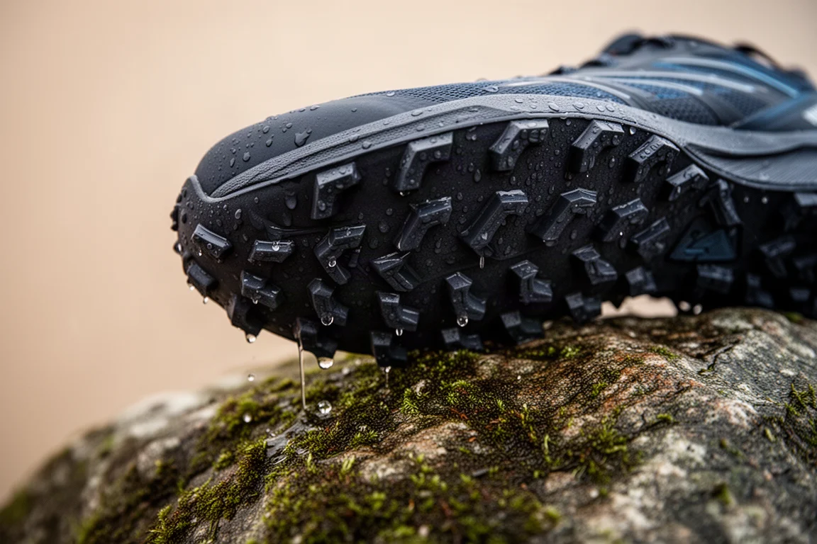 Close-up van een agressieve getande trailschoenzool op nat rots