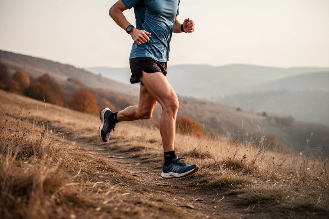 Trailrunner die snel over een droog, grasrijk heuvelpad beweegt