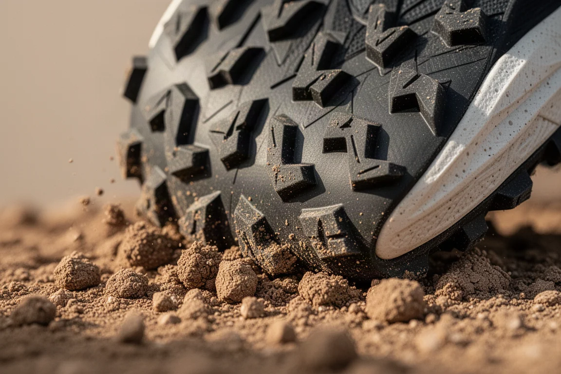 Close-up van agressieve trail-lugs op modderige grond