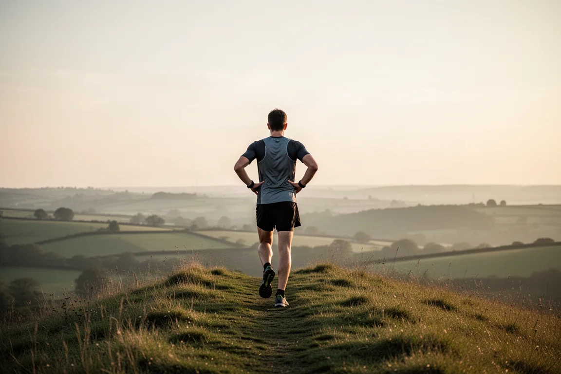 Trailrunner die na een hardlooprondje boven op een heuvel uitrust