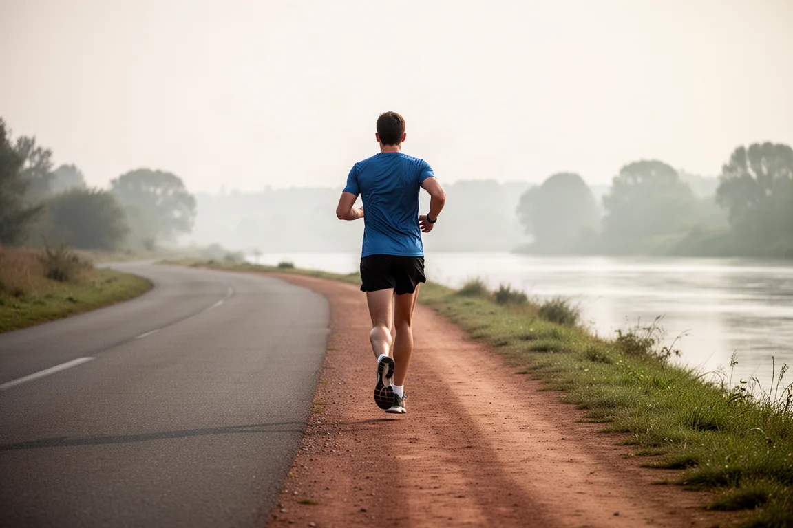 Runner on a mixed route transitioning from tarmac to a compact riverside path