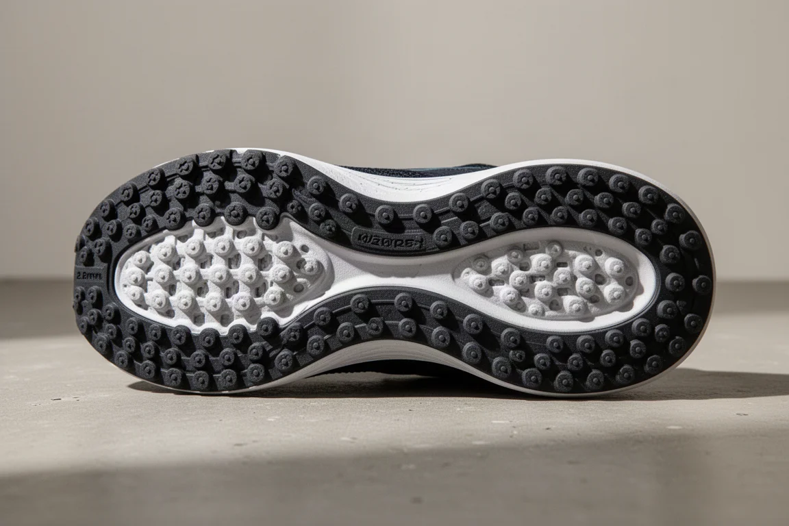 Close-up of a shoe outsole covered in many small shallow lugs
