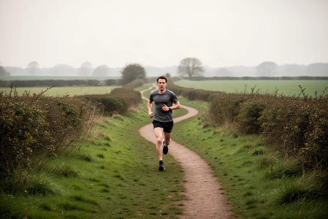 Runner striding along a soft public footpath between fields