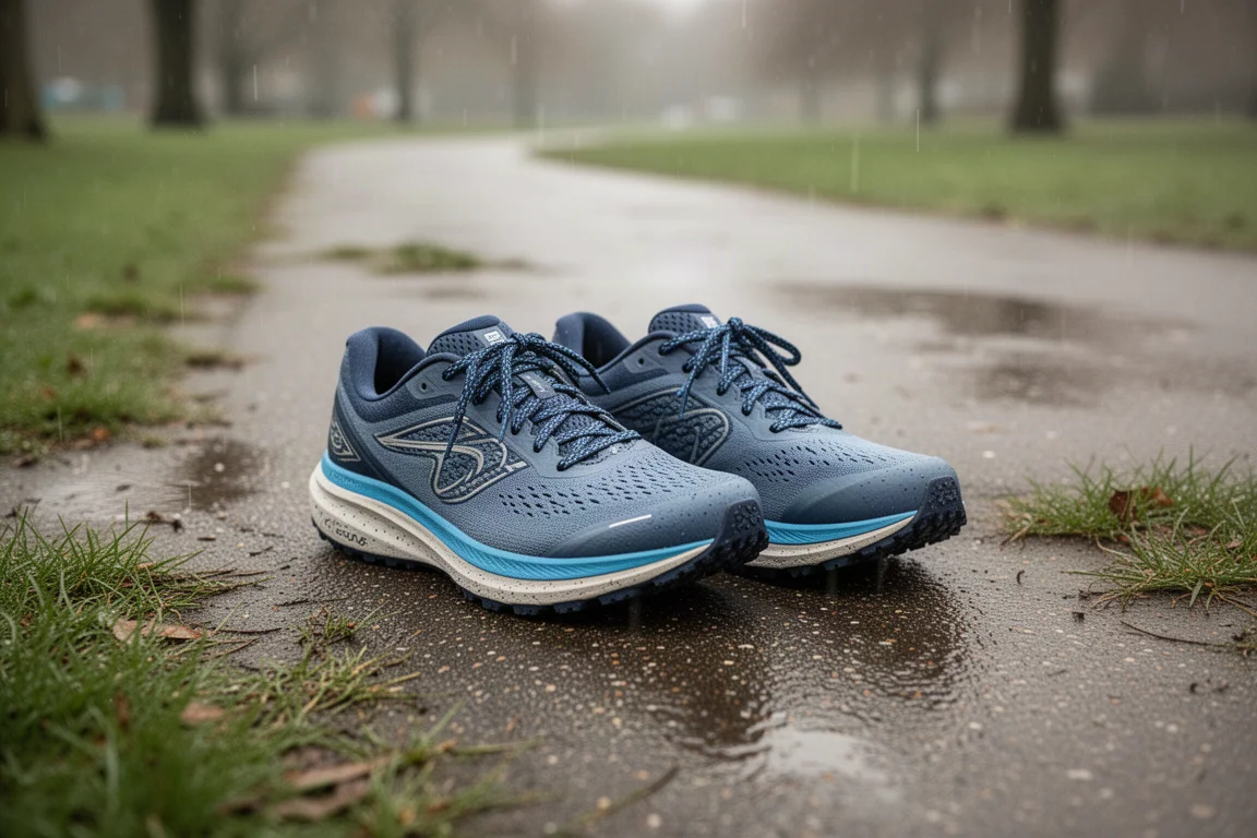 Two running shoes side by side on a park path after light rain