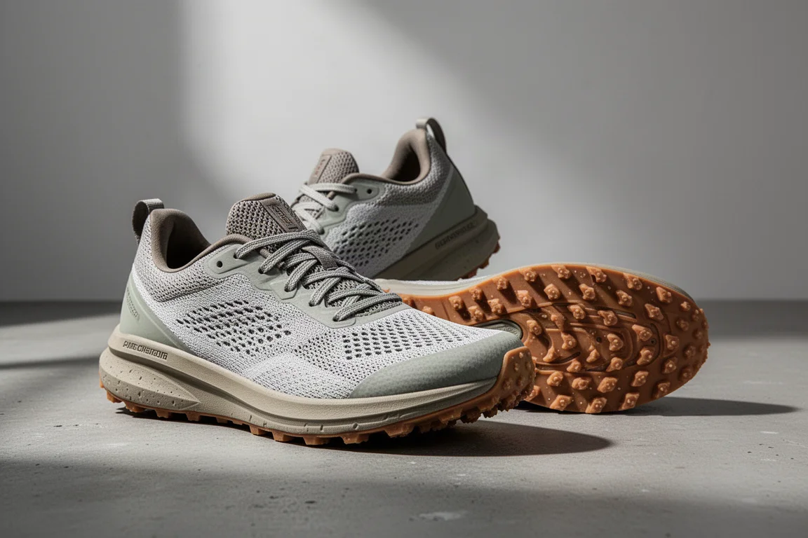 Pair of hybrid road-to-trail running shoes on a concrete surface showing mesh uppers and lugged outsole