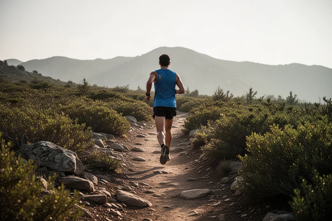 Trailrunner die over een rotsachtig singletrack-pad beweegt in zacht ochtendlicht