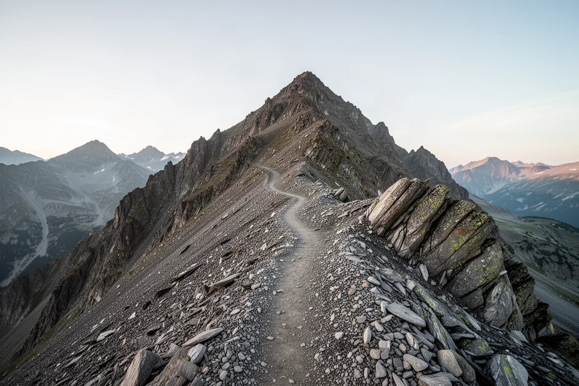 Steile alpenrug onder een heldere lucht met een smal pad zichtbaar