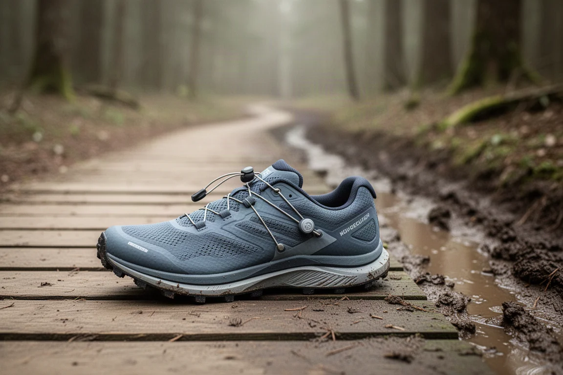 Trailschoen met Boa-draaiknop naast een modderig pad