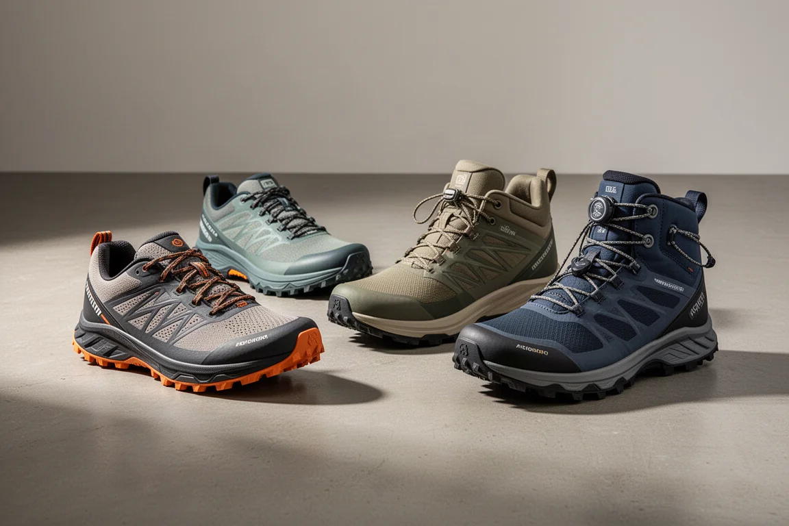 Five Merrell trail running shoes arranged on a concrete studio floor