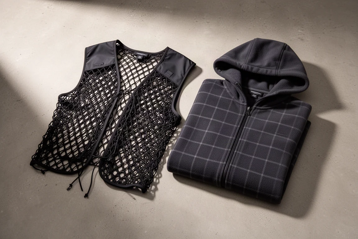 Schwarzes offenes Mesh-Netzhemd neben einem dunklen Grid-Fleece-Hoodie auf Beton