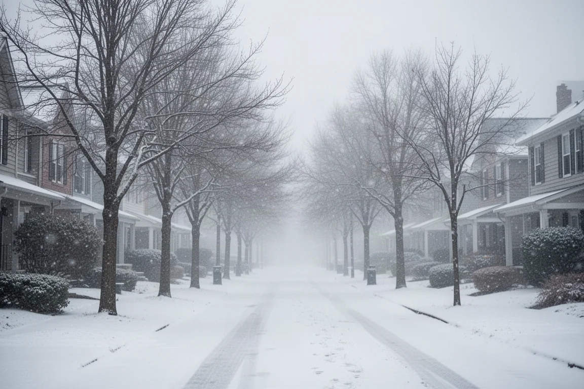 Rustige woonstraat onder verse sneeuw in zacht, bewolkt ochtendlicht