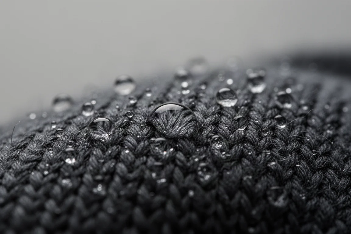 Close-up van waterdruppels die parelen op het oppervlak van een donkere gebreide stof