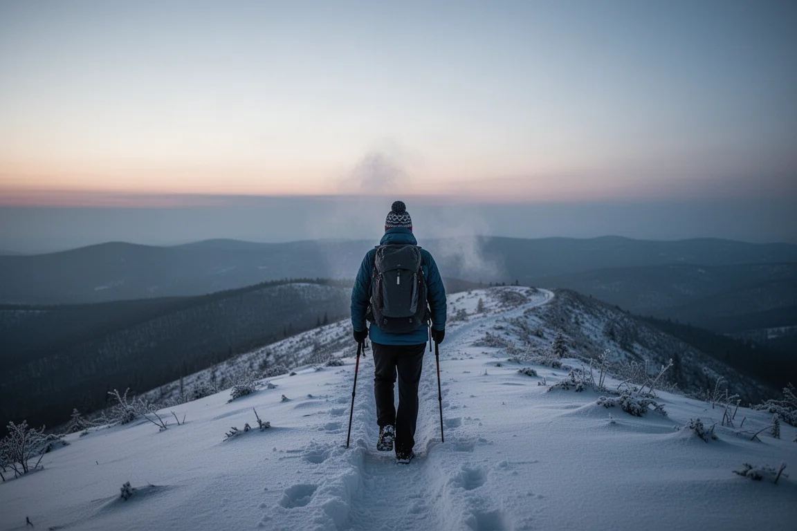 Eenzame wandelaar op een met sneeuw bedekt bergkamtpad in de schemering in gelaagde winterkleding