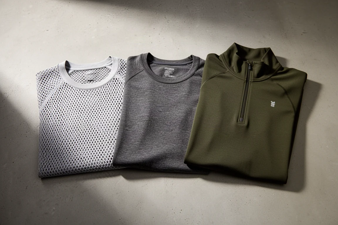 Tre maglie intime in stile rete, lana merino e zip neck sintetico su una superficie in cemento