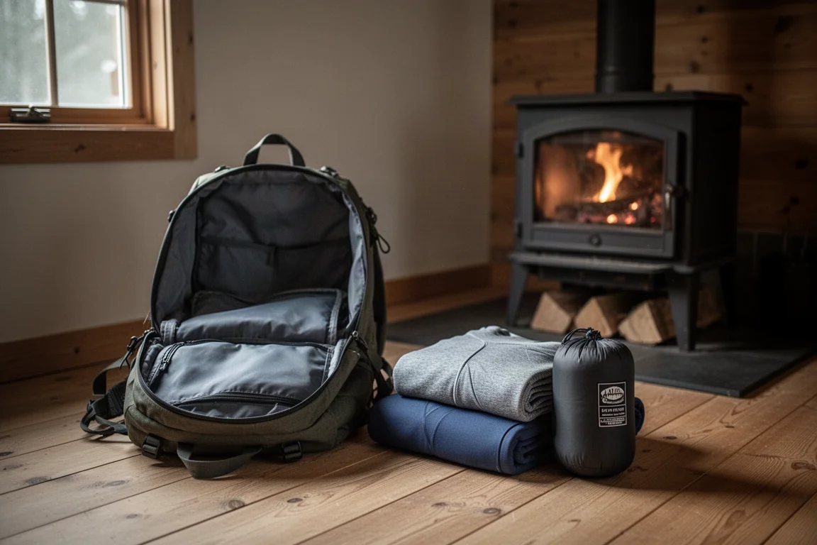 Sac à dos ouvert sur le sol d'un chalet avec des sous-couches pliées près d'un poêle à bois