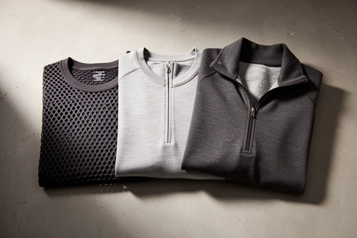 Three folded base layers in mesh, merino, and zip-neck styles on a concrete surface