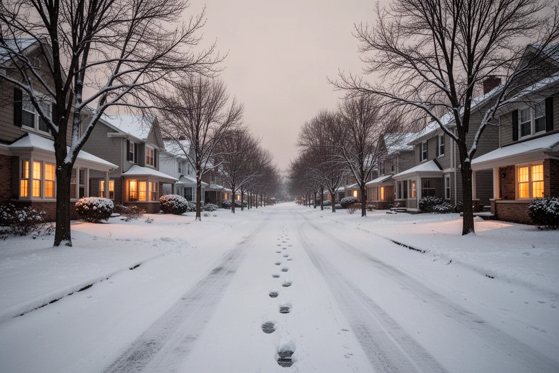 Sneeuwbedekte woonstraat in de schemering met warme raamverlichting en voetsporen
