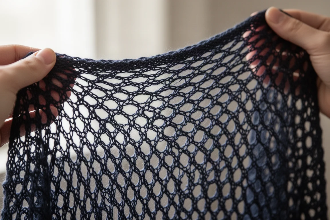Close-up van open visnet-mesh tricotstof tegen zacht raamlicht gehouden