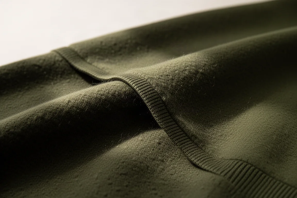 Macro-detail van dik geborsteld fleece-gevoerd tricot in diep olijfgroen