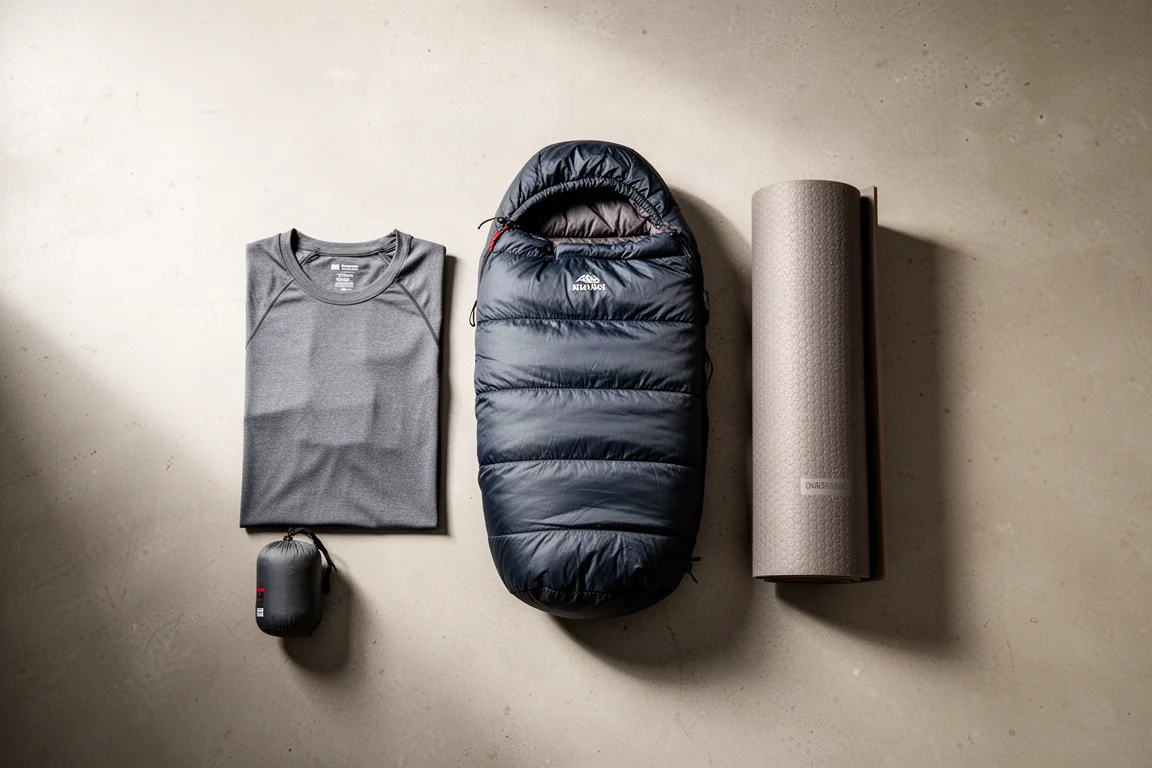 Flat-lay van koudweer-backpackinglagen op een betonnen vloer van bovenaf