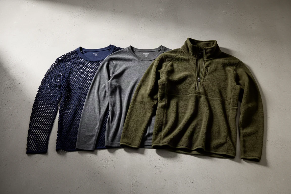 Three long-sleeve base layers in mesh, merino, and fleece-backed knit on concrete