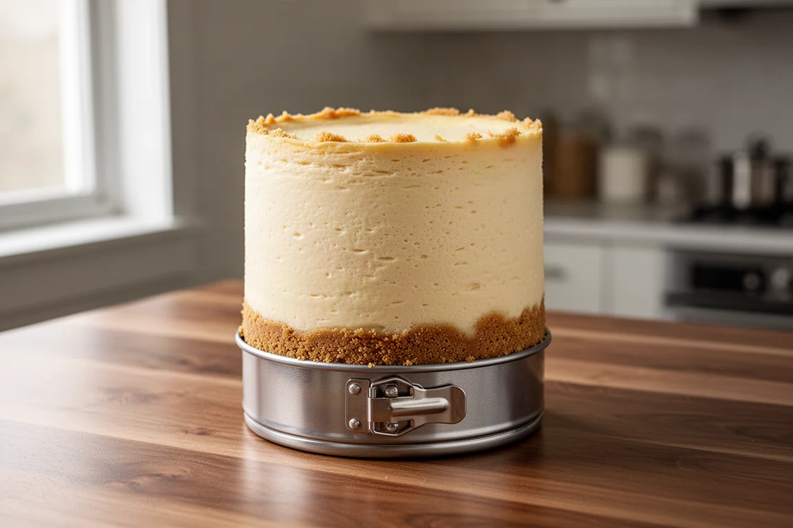 Frisch gebackener Cheesecake mit goldenem Boden auf einem Holztisch