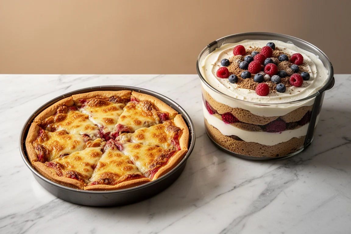 Deep Dish Pizza und mehrschichtiges Dessert nebeneinander auf einer Marmorfläche